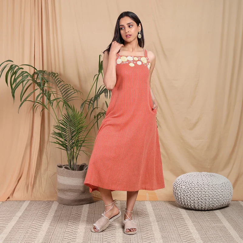 Kala Cotton Midi Dress | Hand Embroidered | Orange