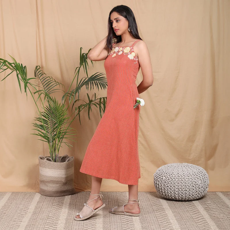 Kala Cotton Midi Dress | Hand Embroidered | Orange