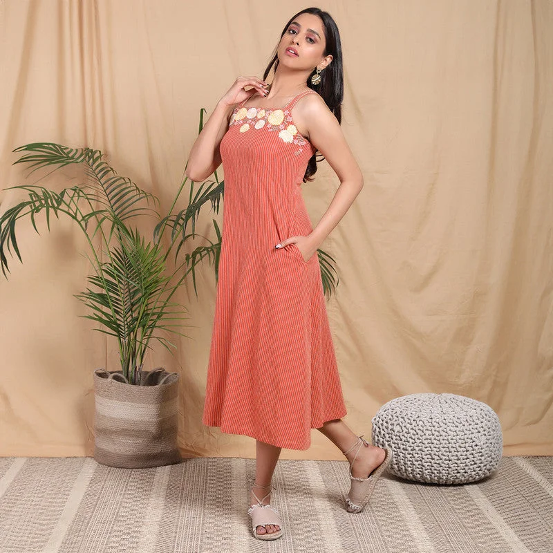 Kala Cotton Midi Dress | Hand Embroidered | Orange