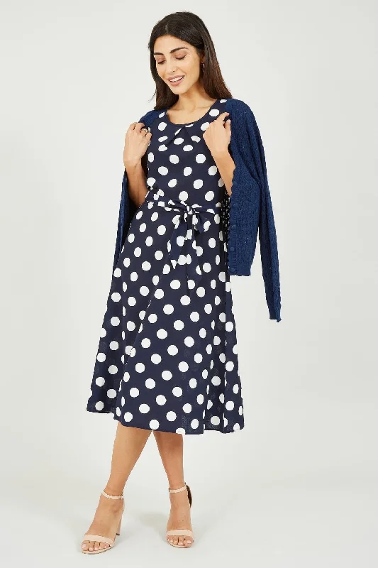 Navy Polka Dot Sleeveless Midi Dress