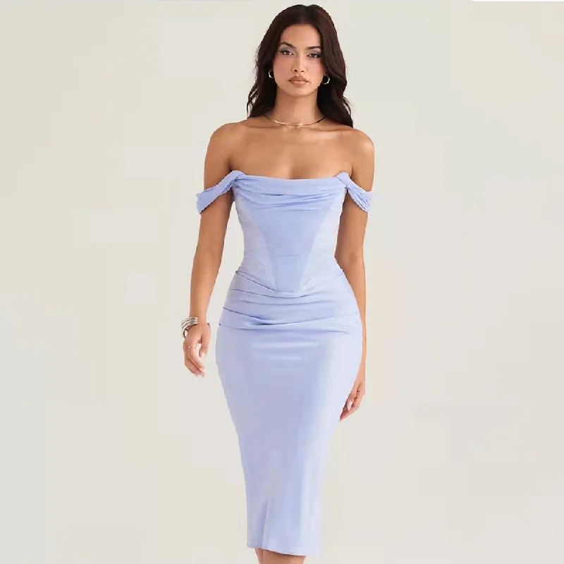 BerriesJam - Off Shoulder Elegant Draped Neck Satin Midi Dress