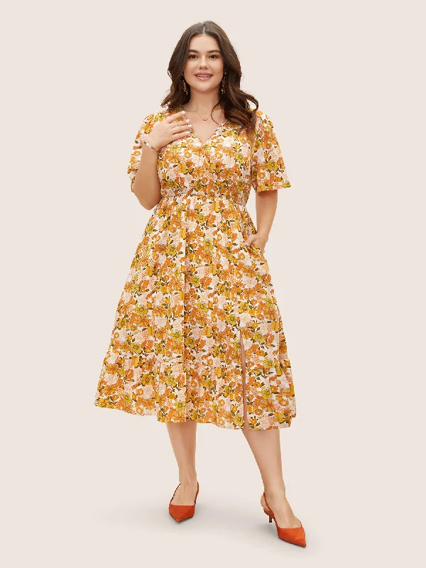 Overlap Collar Floral Elastic Waist Midi Dress