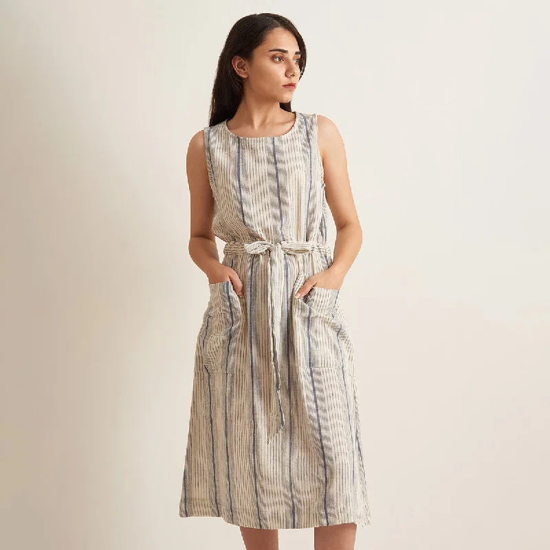 Kala Cotton Midi Dress for Women | Striped | Beige & Grey