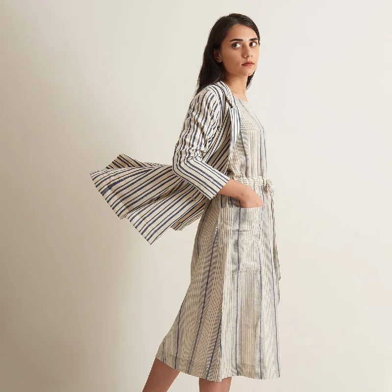 Kala Cotton Midi Dress for Women | Striped | Beige & Grey