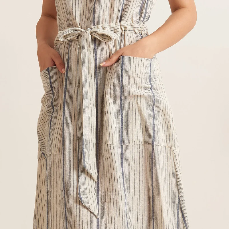 Kala Cotton Midi Dress for Women | Striped | Beige & Grey