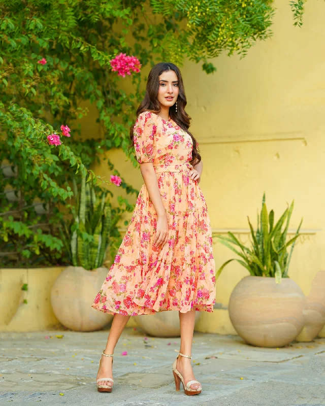 Peach Flora Chiffon Maxi Dress