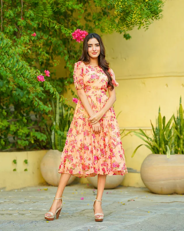 Peach Flora Chiffon Maxi Dress