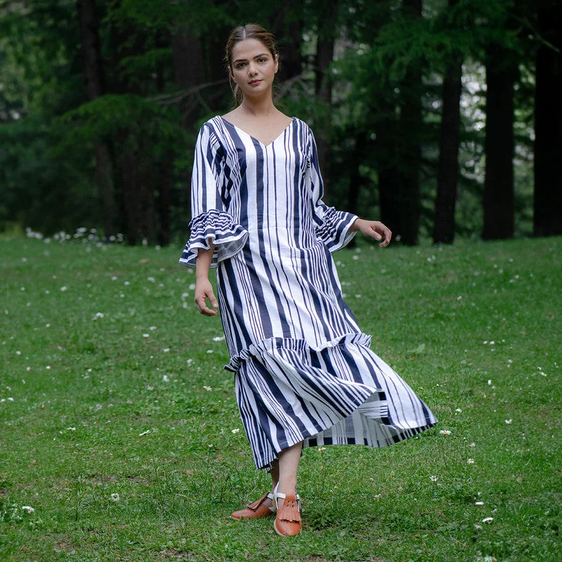 Organic Cotton Midi Dress | Ruffled Sleeves | White & Navy