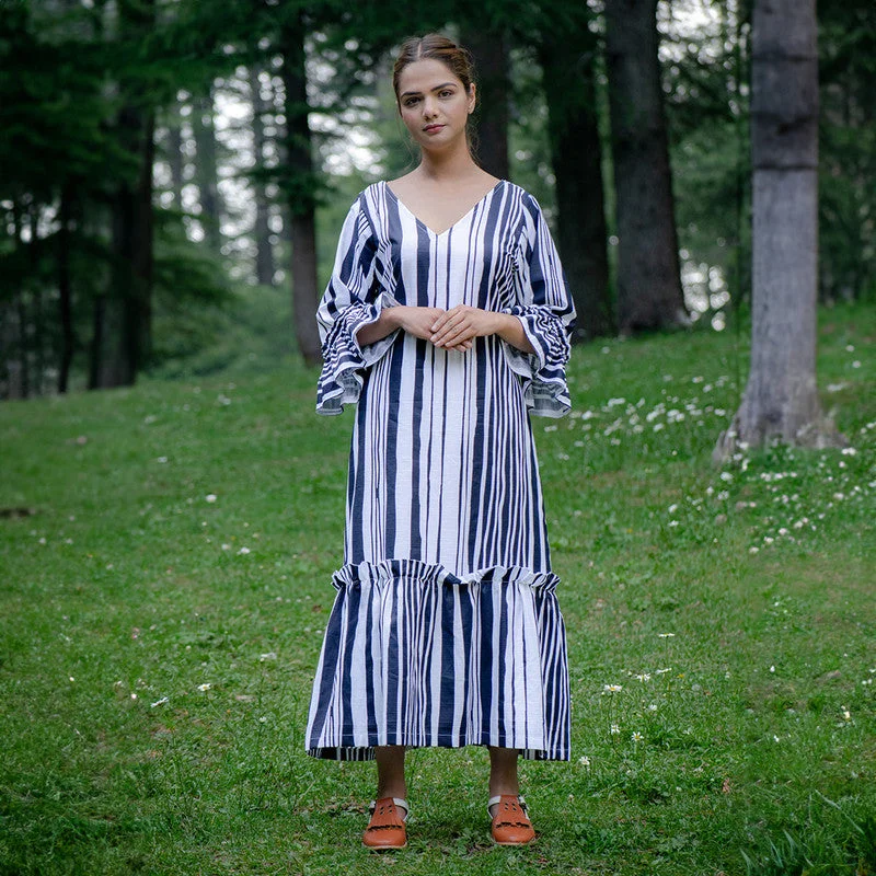 Organic Cotton Midi Dress | Ruffled Sleeves | White & Navy