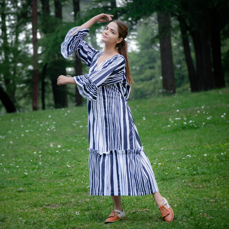 Organic Cotton Midi Dress | Ruffled Sleeves | White & Navy