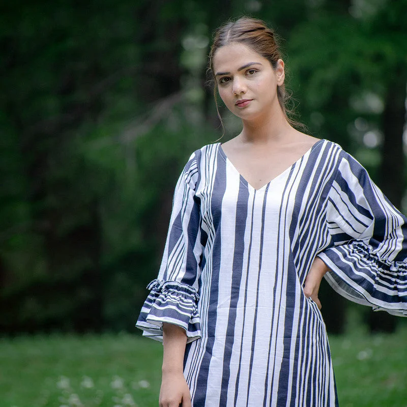 Organic Cotton Midi Dress | Ruffled Sleeves | White & Navy