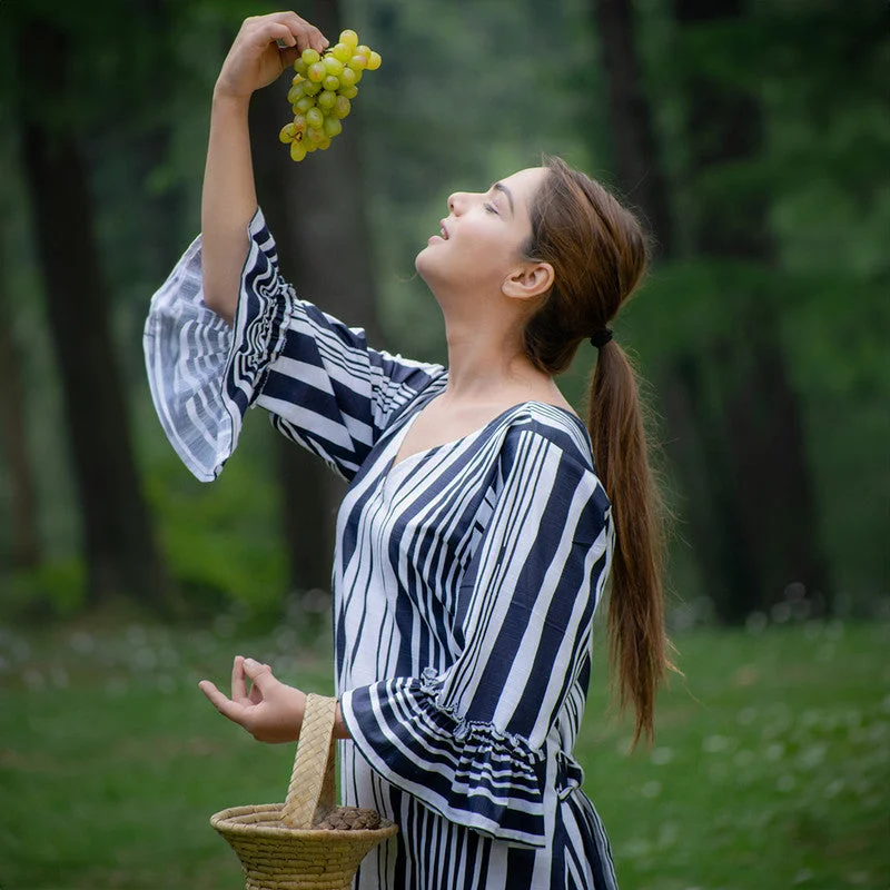 Organic Cotton Midi Dress | Ruffled Sleeves | White & Navy