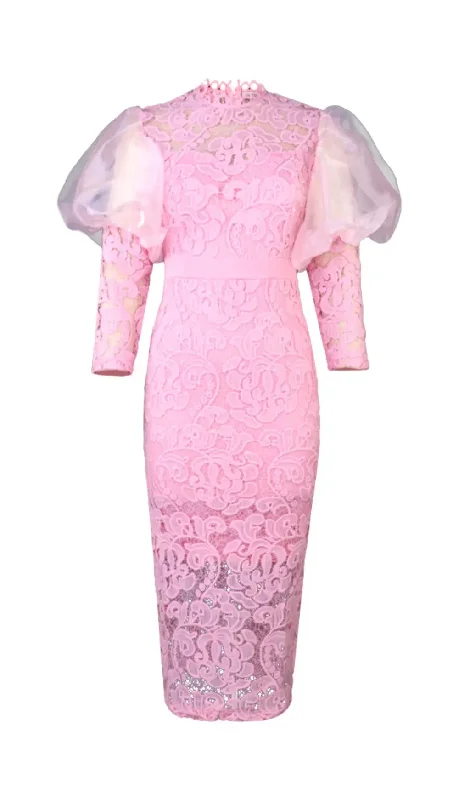 PINK PUFF SLEEVE LACE MIDI DRESS