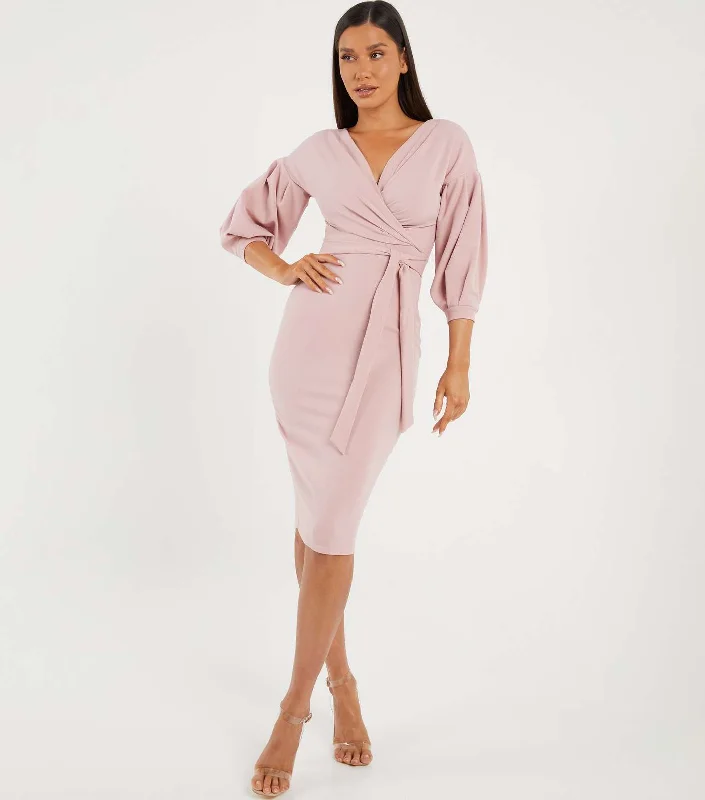 Pink Puff Sleeve Tie Waist Midi Wrap Dress