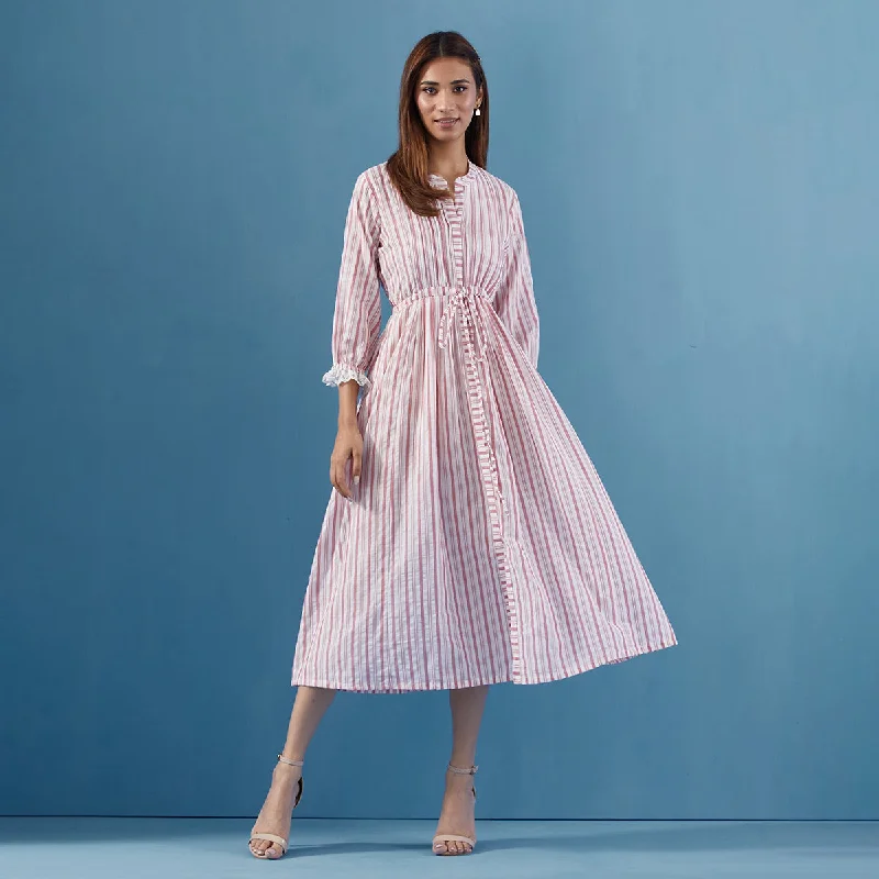 Cotton Maxi Dress for Women | Striped | White & Pink