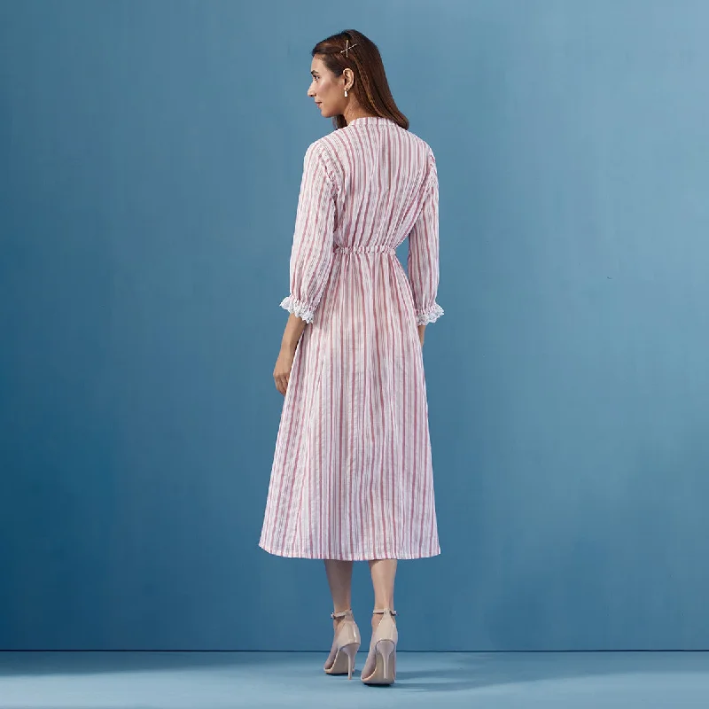 Cotton Maxi Dress for Women | Striped | White & Pink