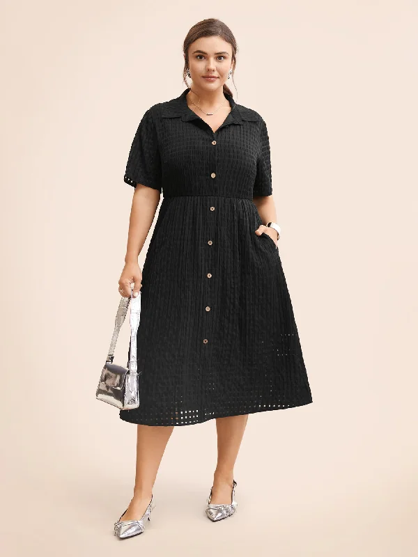 Plain Shirt Collar Texture Midi Dress