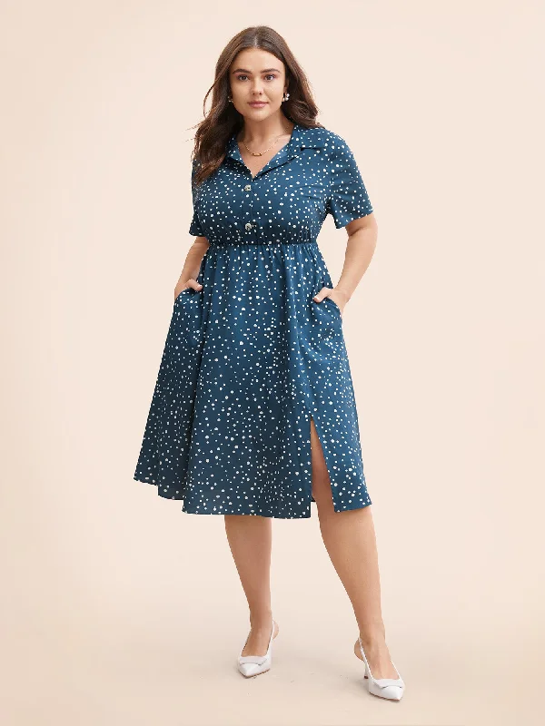 Polka Dot Button Detail Split Hem Midi Dress