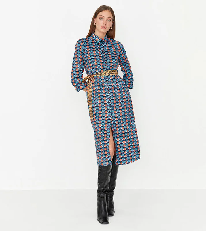 Printed Full Button Midi Shirt Dress