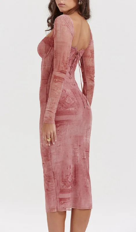 PRINTED LACE UP MIDI DRESS IN PINK