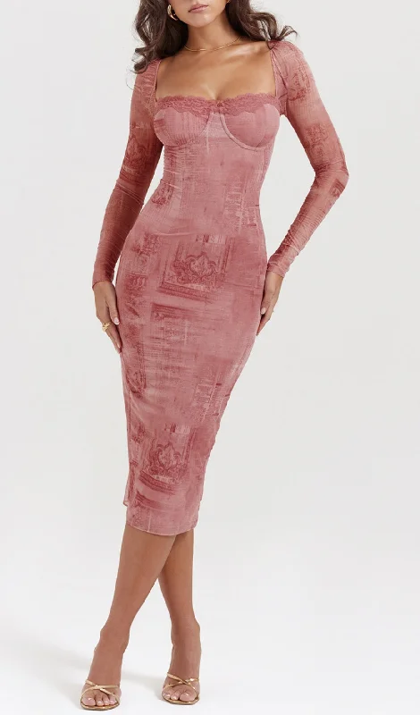 PRINTED LACE UP MIDI DRESS IN PINK