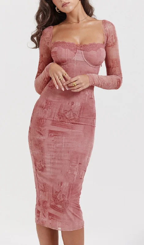 PRINTED LACE UP MIDI DRESS IN PINK