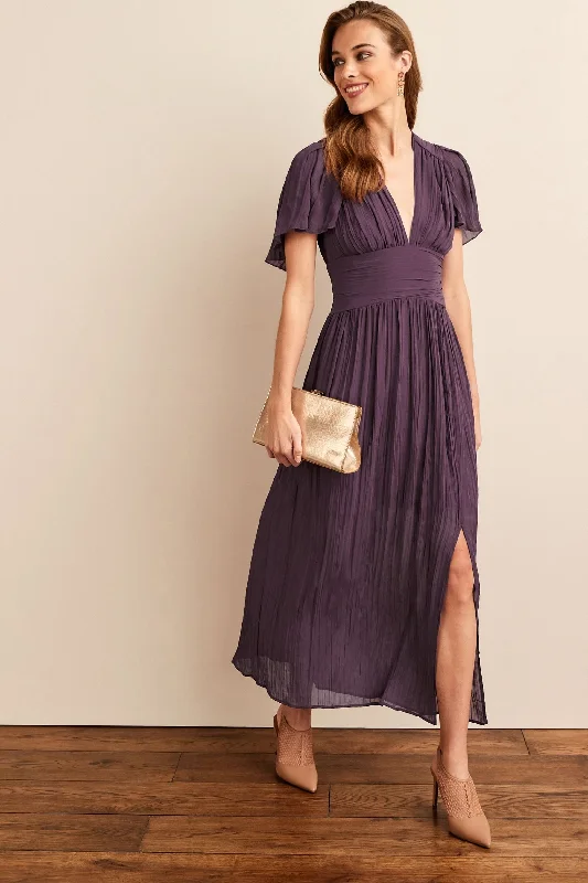 Purple Pleated Short Sleeves Midi Dress