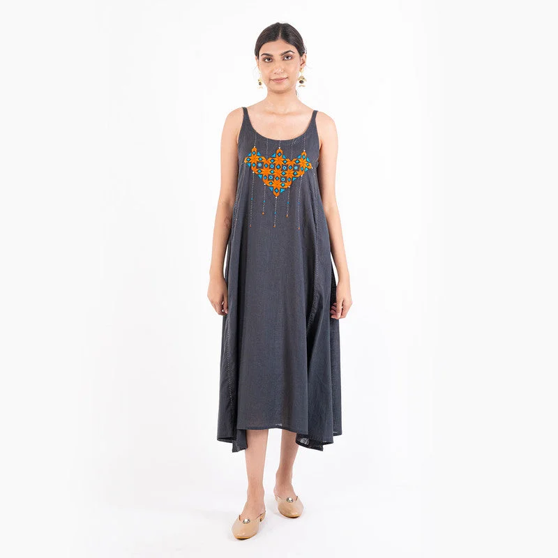 Cotton A-Line Midi Dress | Embroidered | Charcoal