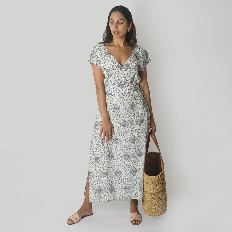 Bemberg Crepe Maxi Dress | Drawstring | White & Blue