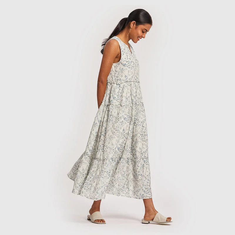 Bemberg Crepe Maxi Dress | Floral Print | White & Blue