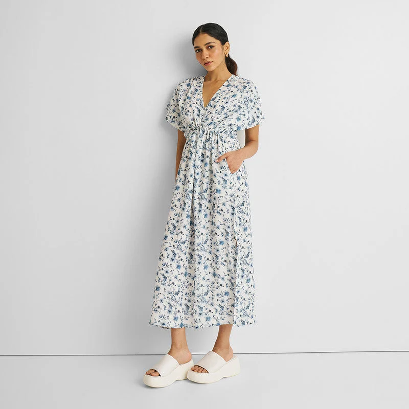 Gathered Maxi Dress for Women | Floral | White & Blue