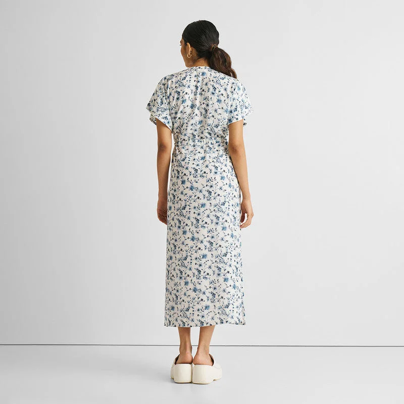 Gathered Maxi Dress for Women | Floral | White & Blue