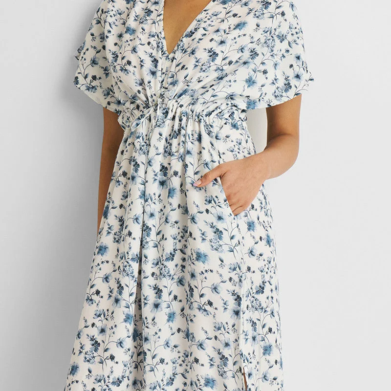 Gathered Maxi Dress for Women | Floral | White & Blue