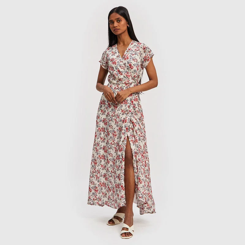 Poplin Maxi Wrap Dress | Floral Print | White & Red