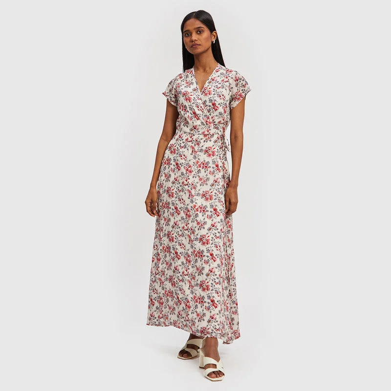 Poplin Maxi Wrap Dress | Floral Print | White & Red