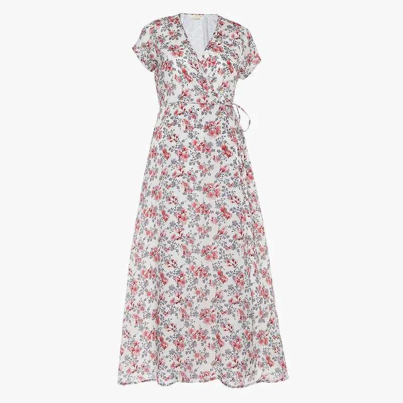 Poplin Maxi Wrap Dress | Floral Print | White & Red