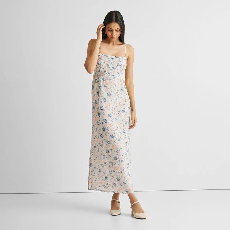 Strappy Maxi Dress for Women | Blue & White | Printed