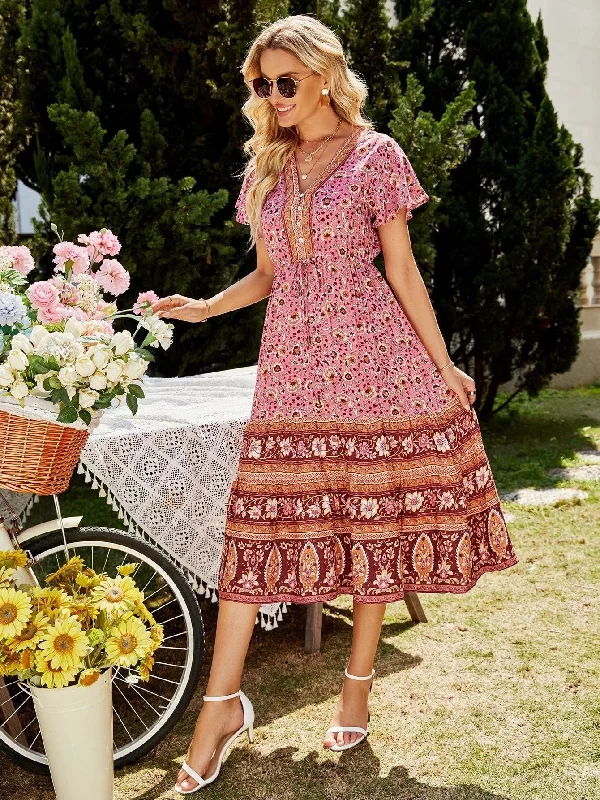 BerriesJam - 2024 Retro Floral Adjustable Waist Midi Dress