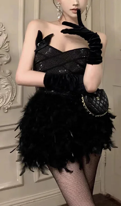 RHINESTONE FEATHER STRAPLESS MINI DRESS IN BLACK