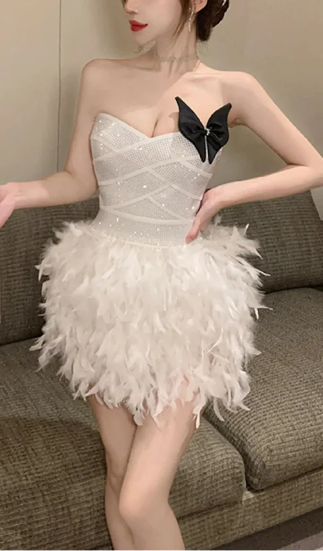 RHINESTONE FEATHER STRAPLESS MINI DRESS IN WHITE