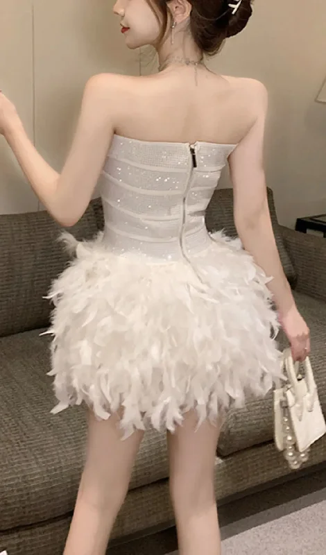 RHINESTONE FEATHER STRAPLESS MINI DRESS IN WHITE