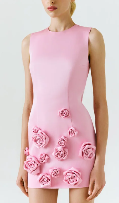 ROSE-APPLIQUÉ ROUND NECK CADY MINI DRESS