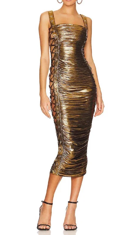 RUCHED METALLIC MIDI DRESS IN GOLD