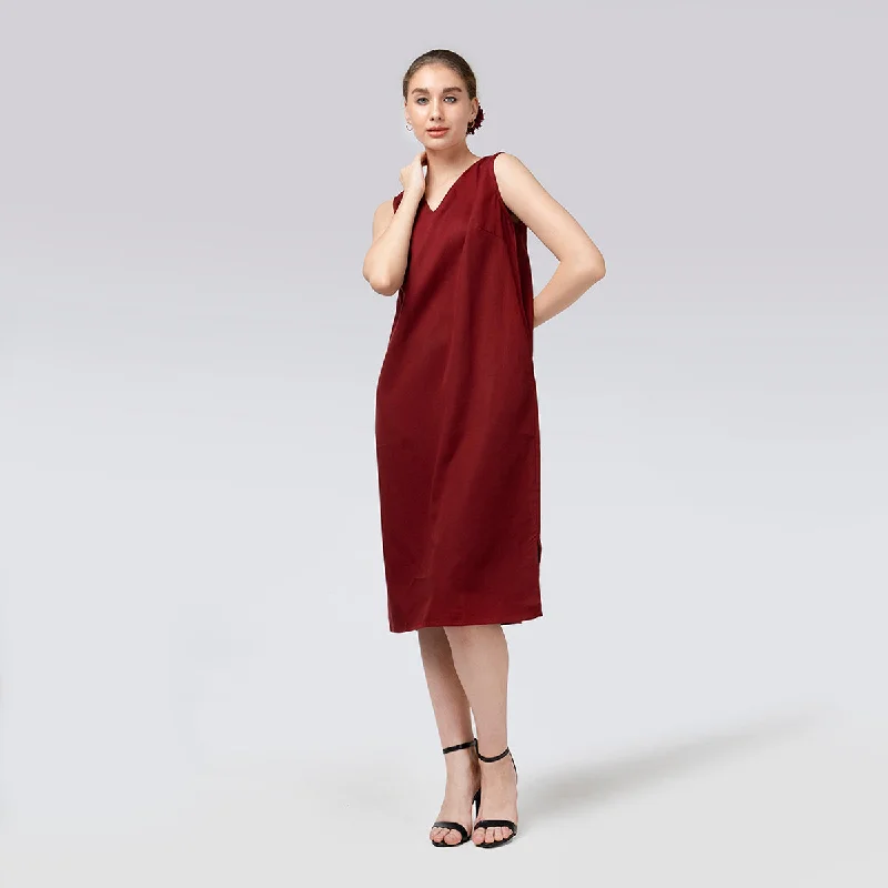 Tencel Midi Dress for Women | Sleeveless | Maroon