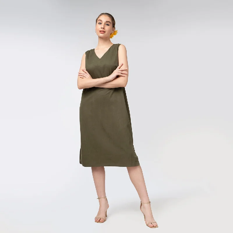 Tencel Midi Dress for Women | Sleeveless | Olive Green