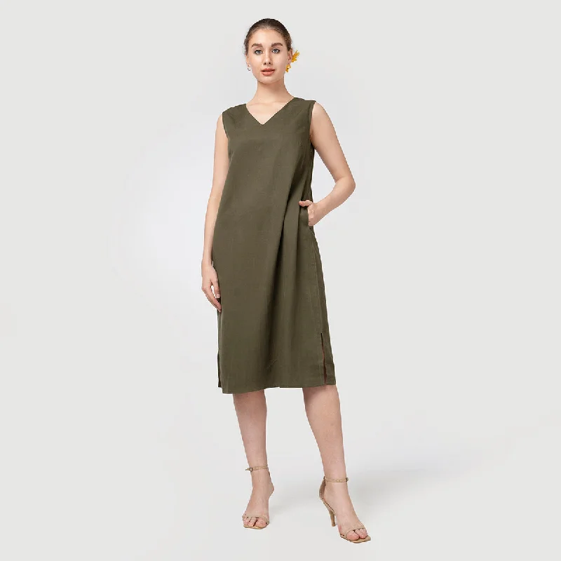 Tencel Midi Dress for Women | Sleeveless | Olive Green