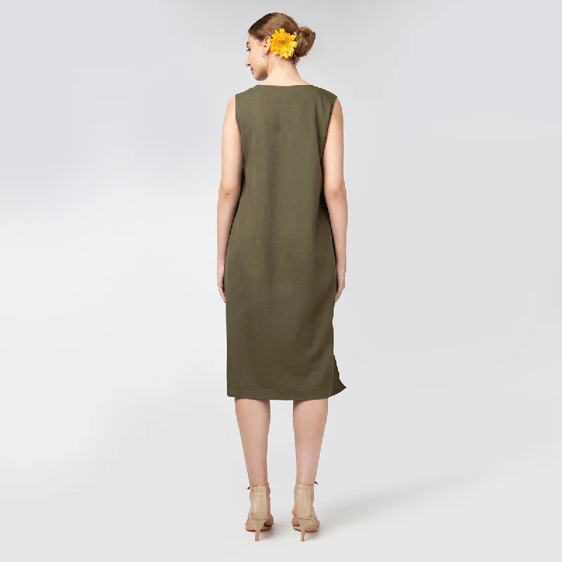 Tencel Midi Dress for Women | Sleeveless | Olive Green