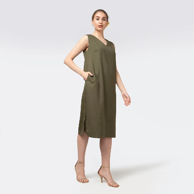 Tencel Midi Dress for Women | Sleeveless | Olive Green