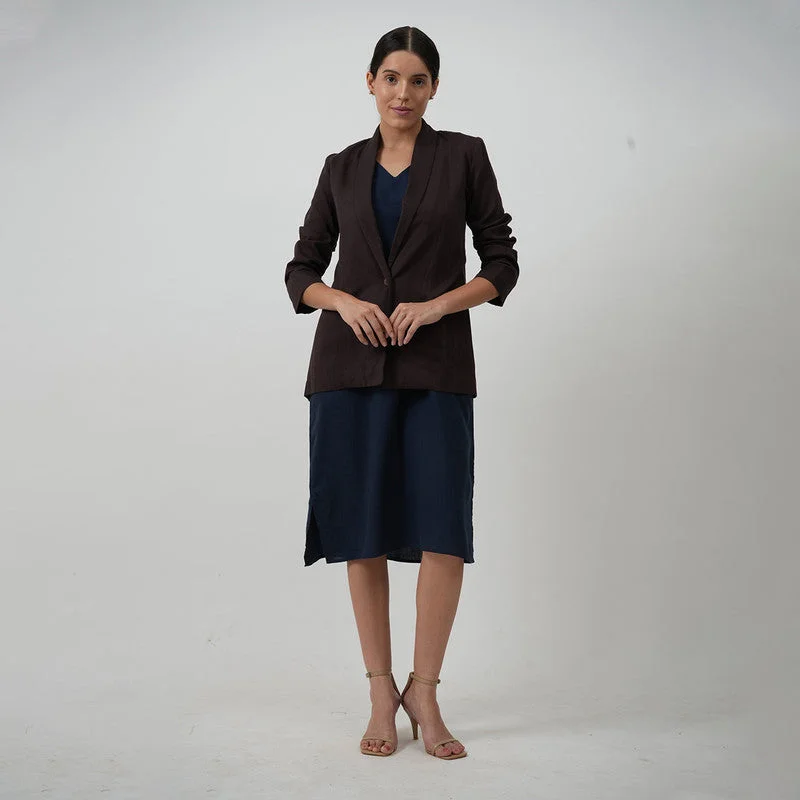 Tencel Midi Dress With Jacket | Navy Blue & Brown