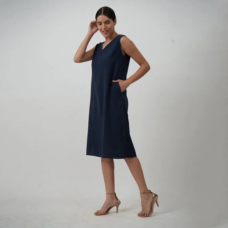 Tencel Midi Dress With Jacket | Navy Blue & Brown